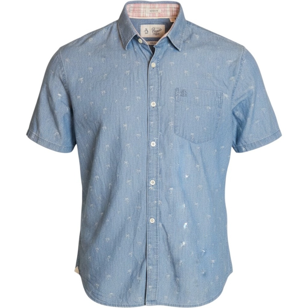 Penguin Button Up Shirt Men Medium Blue Excellent Palm Tree Classic Fit